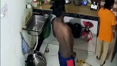 Indian aunty in yellow saree fuck! Horny lovers hidden sex in kitchen