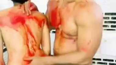 Beautiful Desi girl has body smeared with red paint by her cute XXX BF