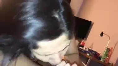 Long-haired Indian gal polishes lover's XXX dick in front of mirror